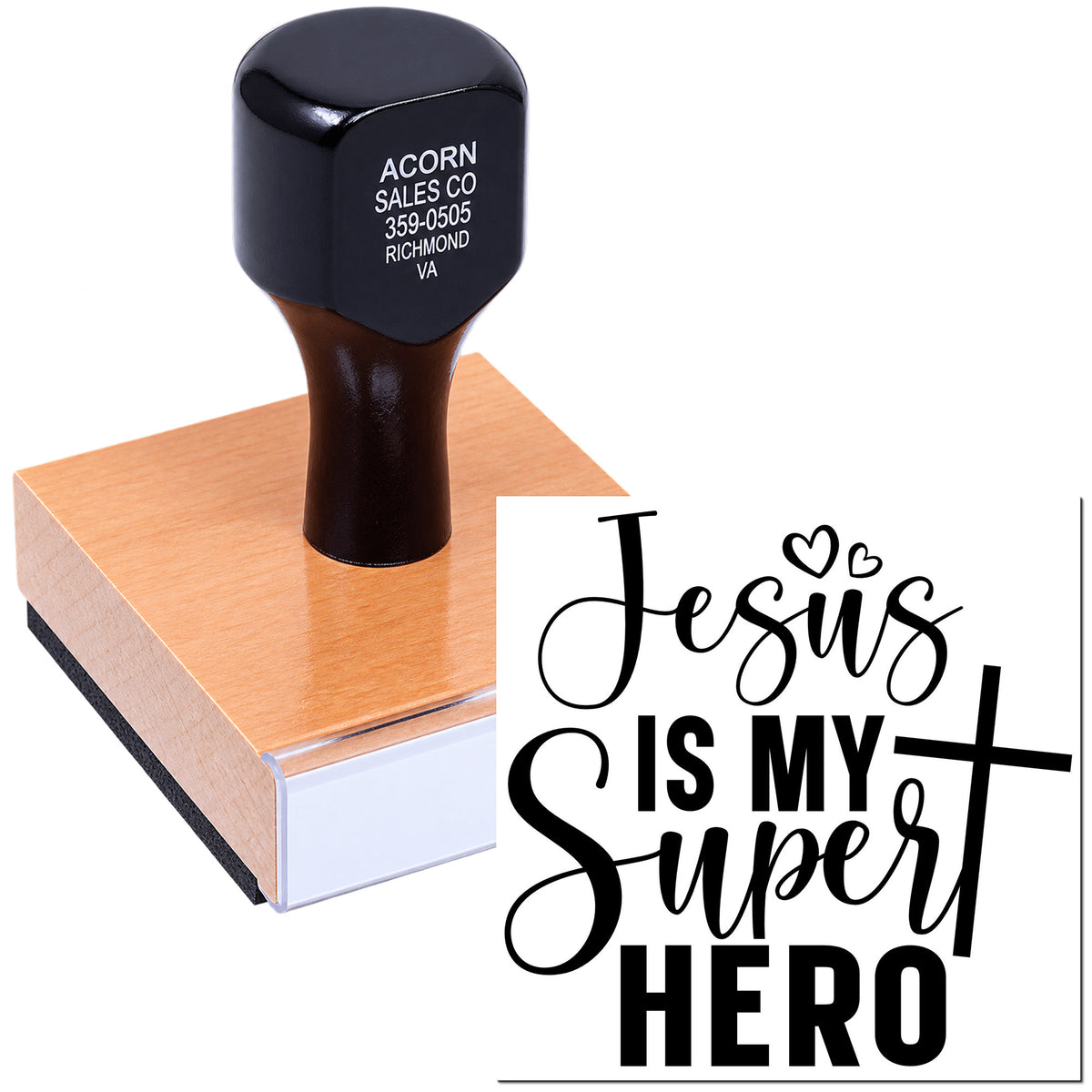Custom rubber stamp with Jesus Is My Super Hero design for faith-based crafts, cards, and religious projects.