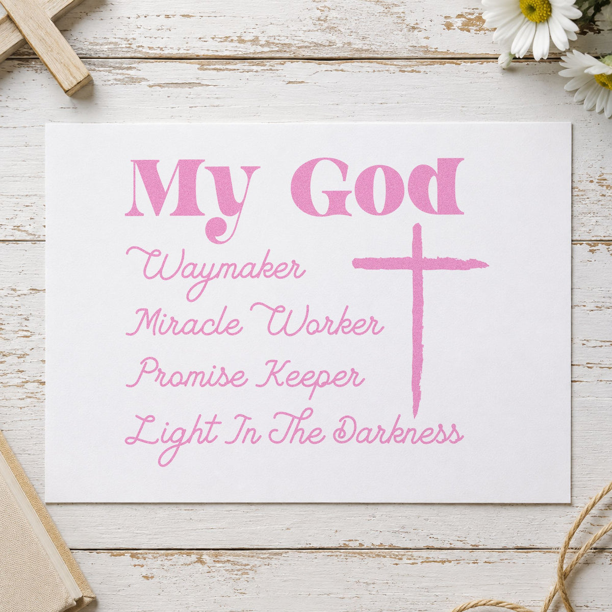 My God Promise Keeper craft stamp in purple ink on cardstock, an easy option for worship team gifts.