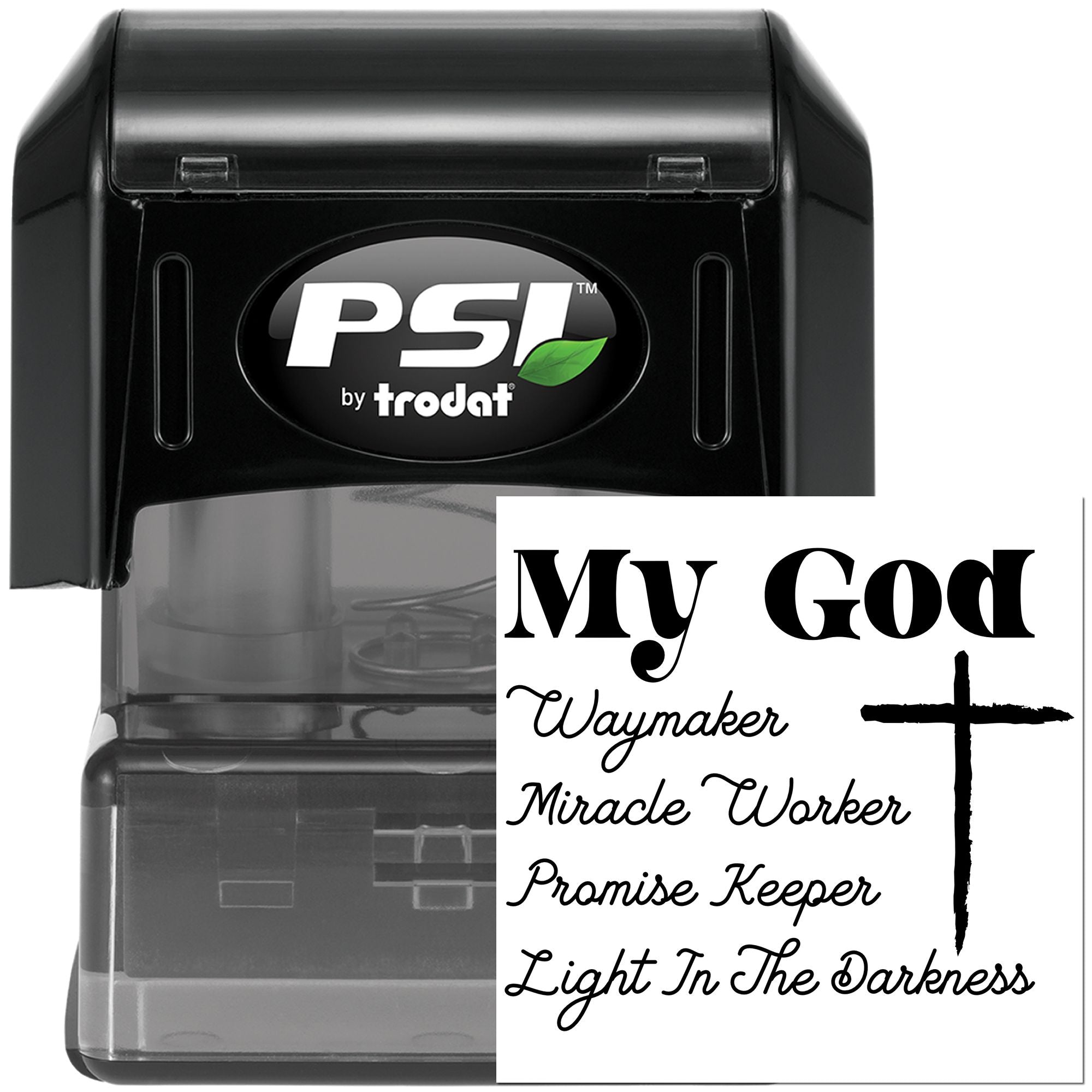 Custom Christian self-inking rubber stamp by PSI Trodat with My God Waymaker design and cross.