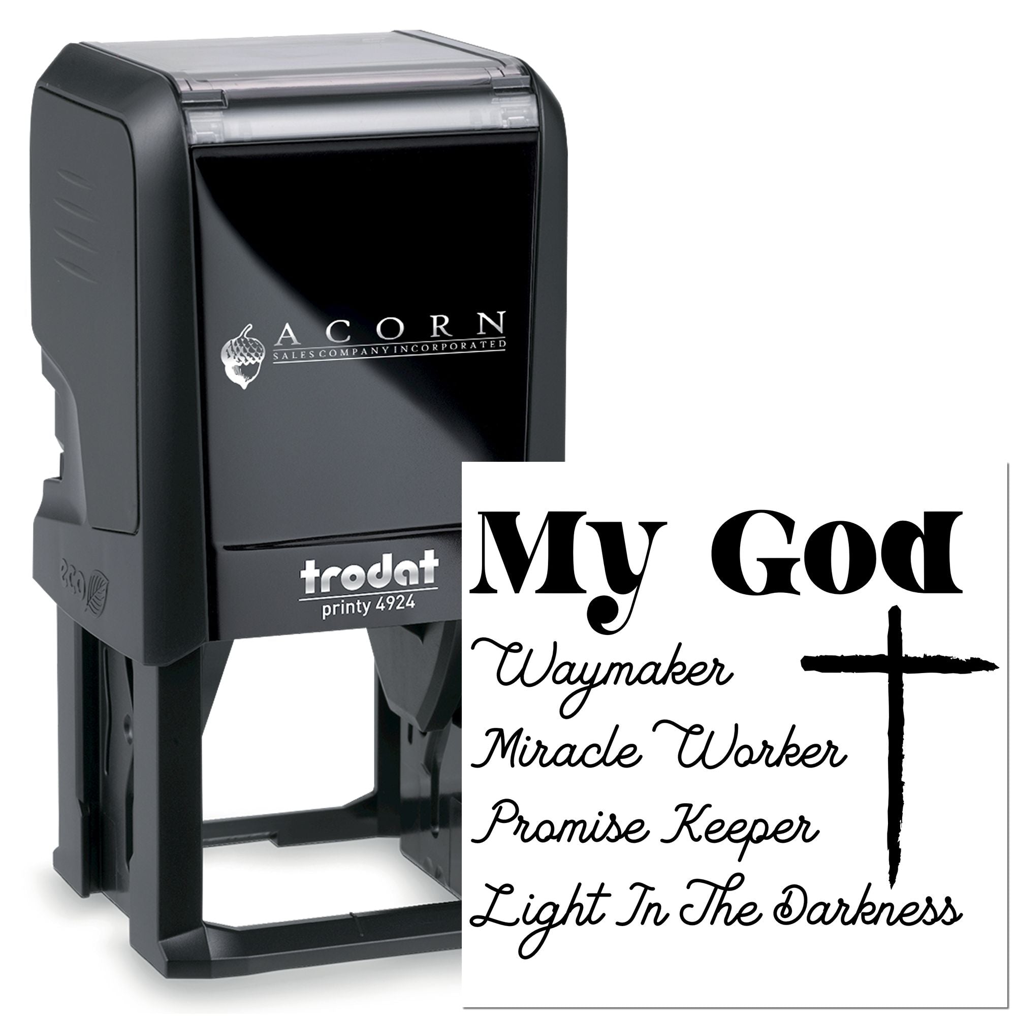 Custom self-inking rubber stamp with Christian praise text: My God, Waymaker, Miracle Worker, Promise Keeper, Light in the Darkness.