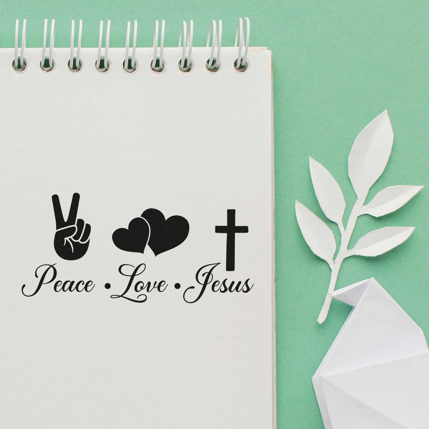Peace Love Jesus rubber stamp design with peace sign, hearts and cross for Christian journaling and handmade cards.