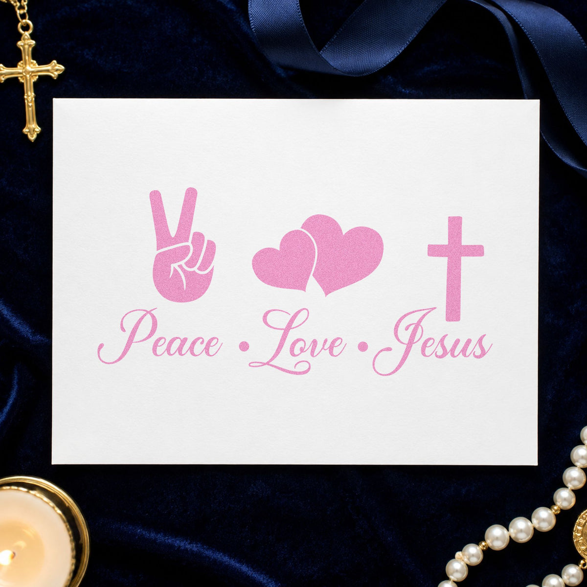 Peace Love Jesus craft stamp in purple ink on cardstock, an easy option for groovy party favors.