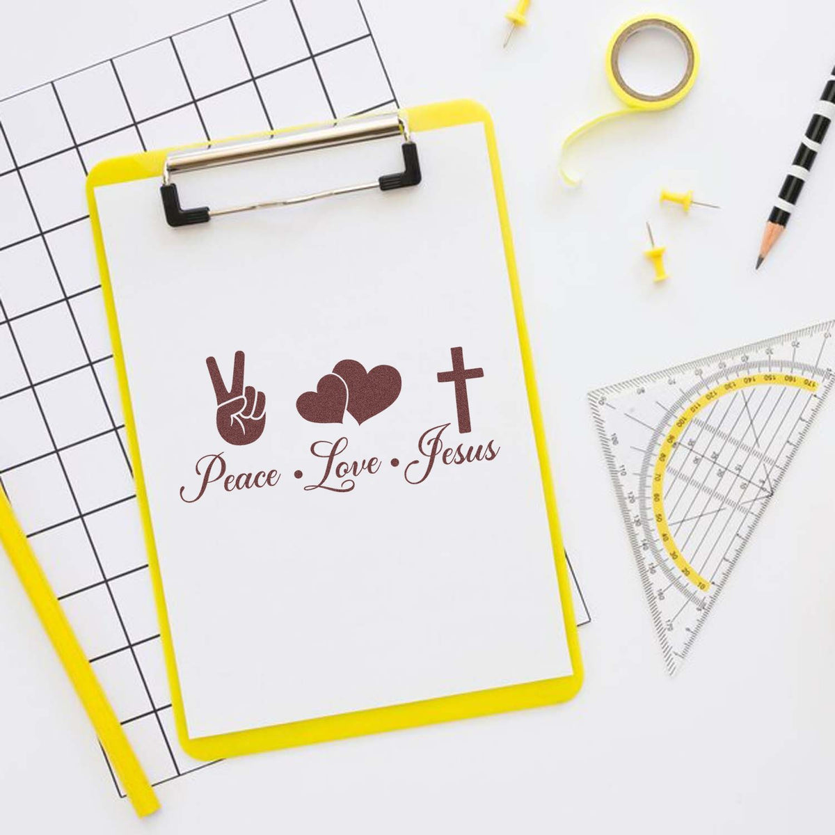 Peace Love Jesus rubber stamp shown in brown ink, stamped for projects such as groovy party favors.