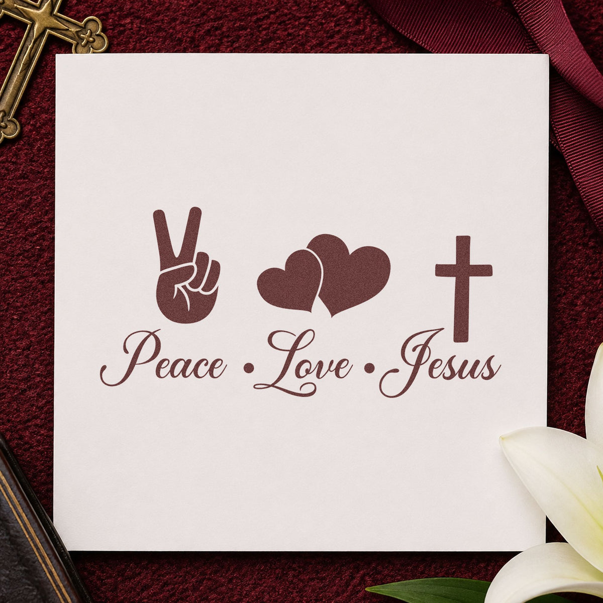 Peace Love Jesus rubber stamp printed in brown ink, ready for retro scrapbooks and similar paper crafts.