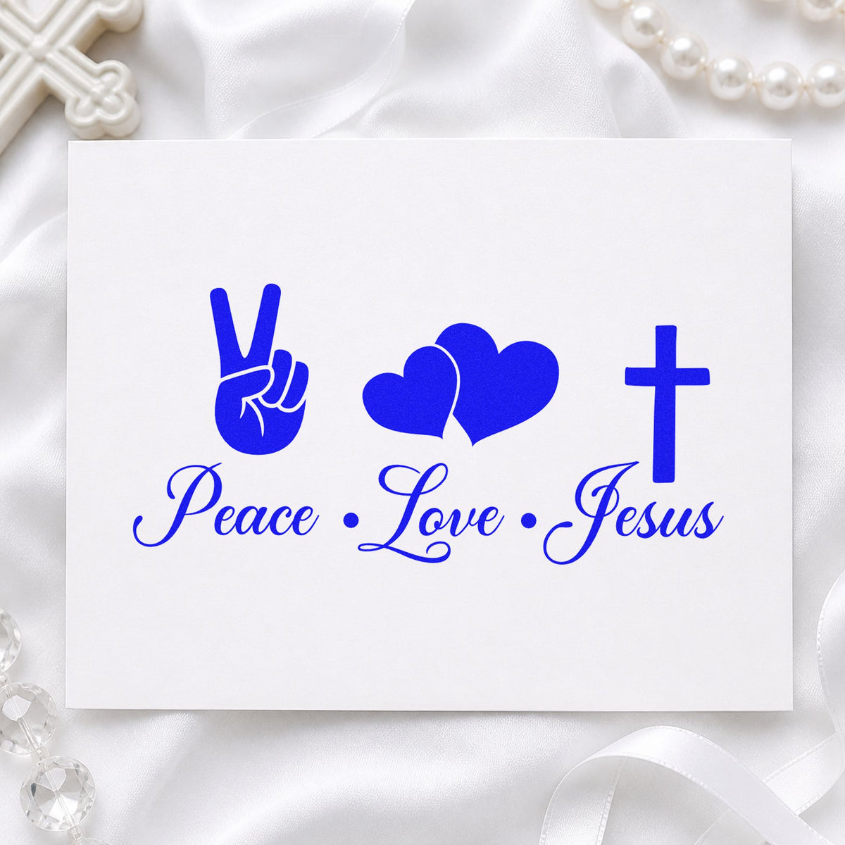 Peace Love Jesus craft stamp in blue ink on cardstock, an easy option for canvas totes.
