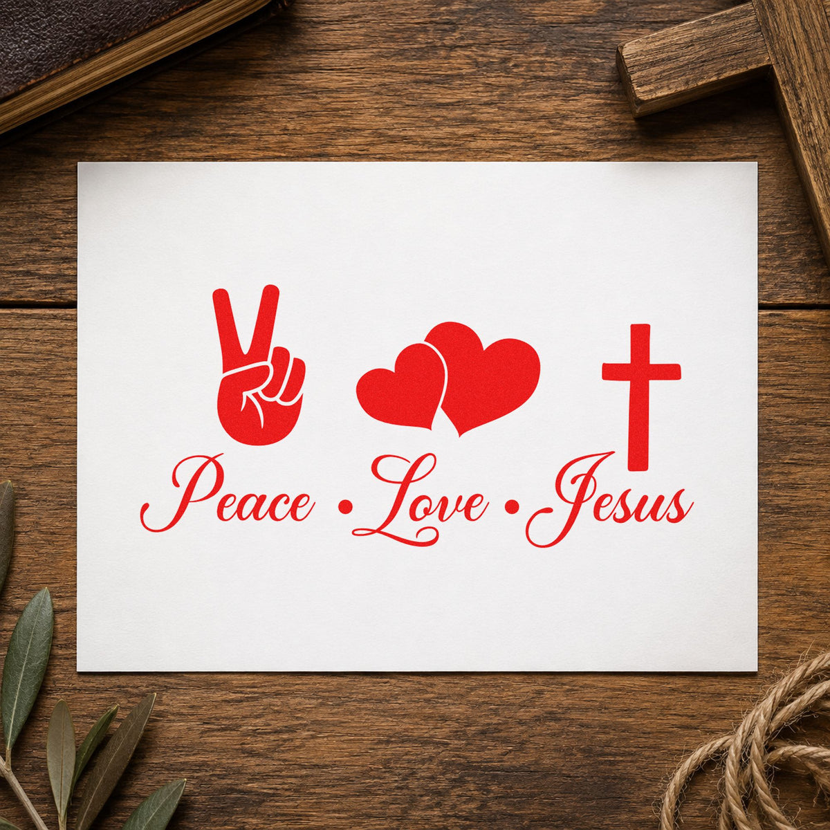 Peace Love Jesus rubber stamp shown in red ink, stamped for projects such as summer camp letters.
