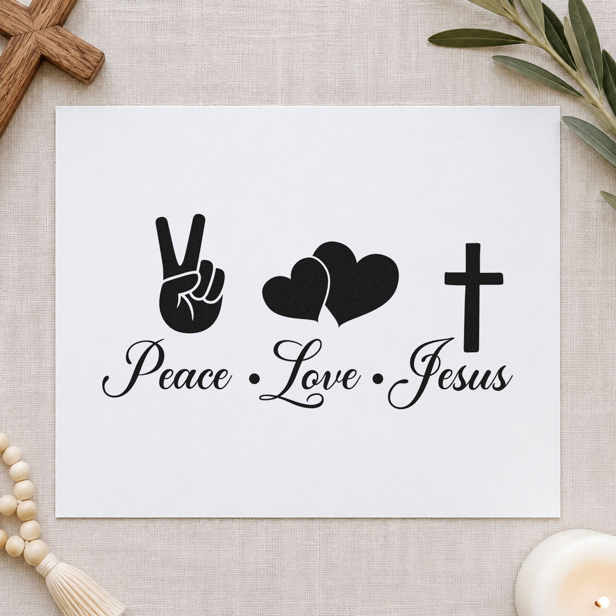 Peace Love Jesus rubber stamp printed in black ink, ready for peace sign cards and similar paper crafts.
