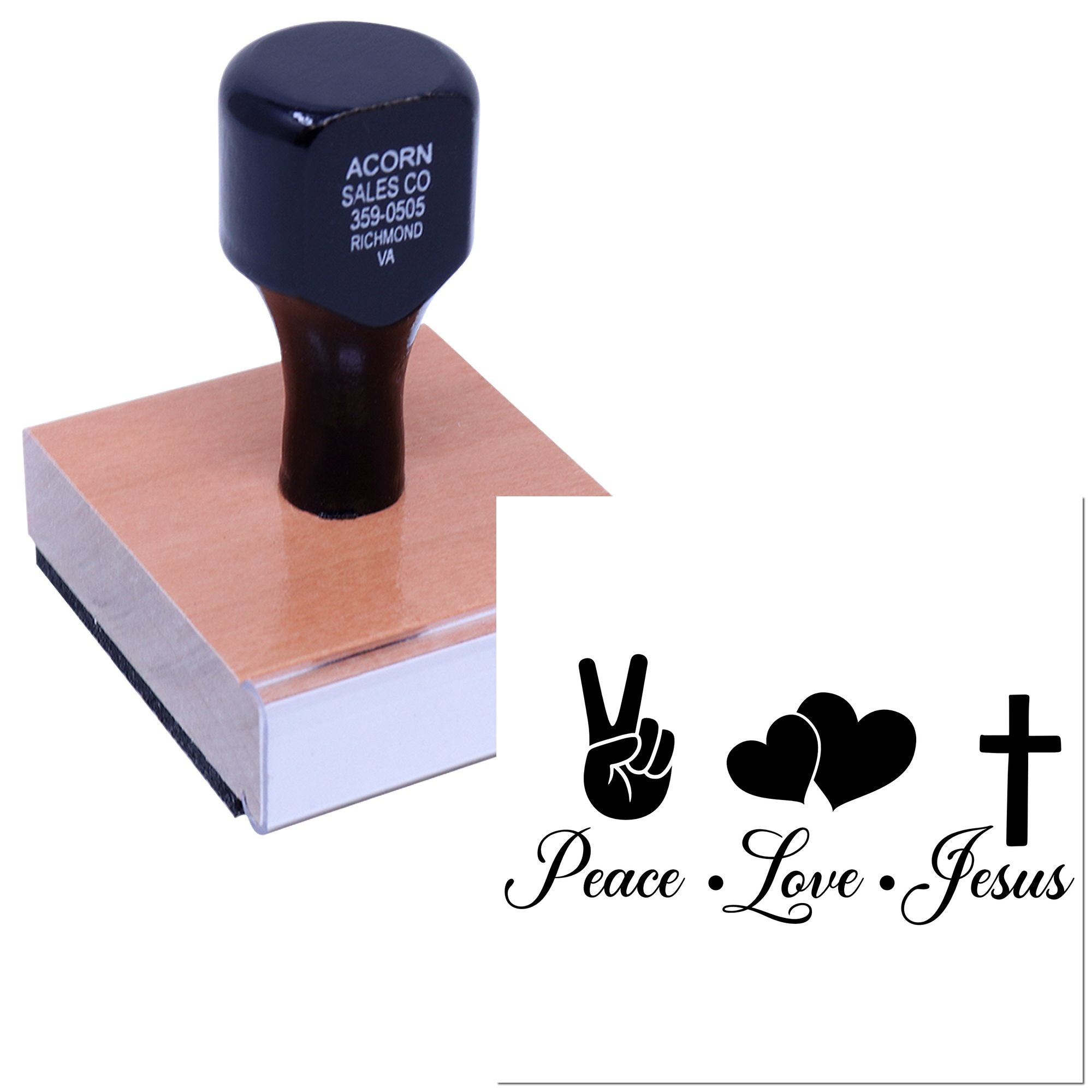 Custom rubber stamp with personalized business imprint and Peace Love Jesus design for faith-based crafting and branding