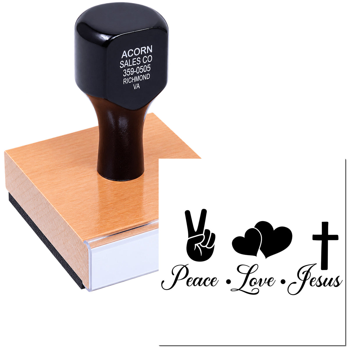 Custom rubber stamp with personalized business imprint and Peace Love Jesus design for faith-based crafting and branding