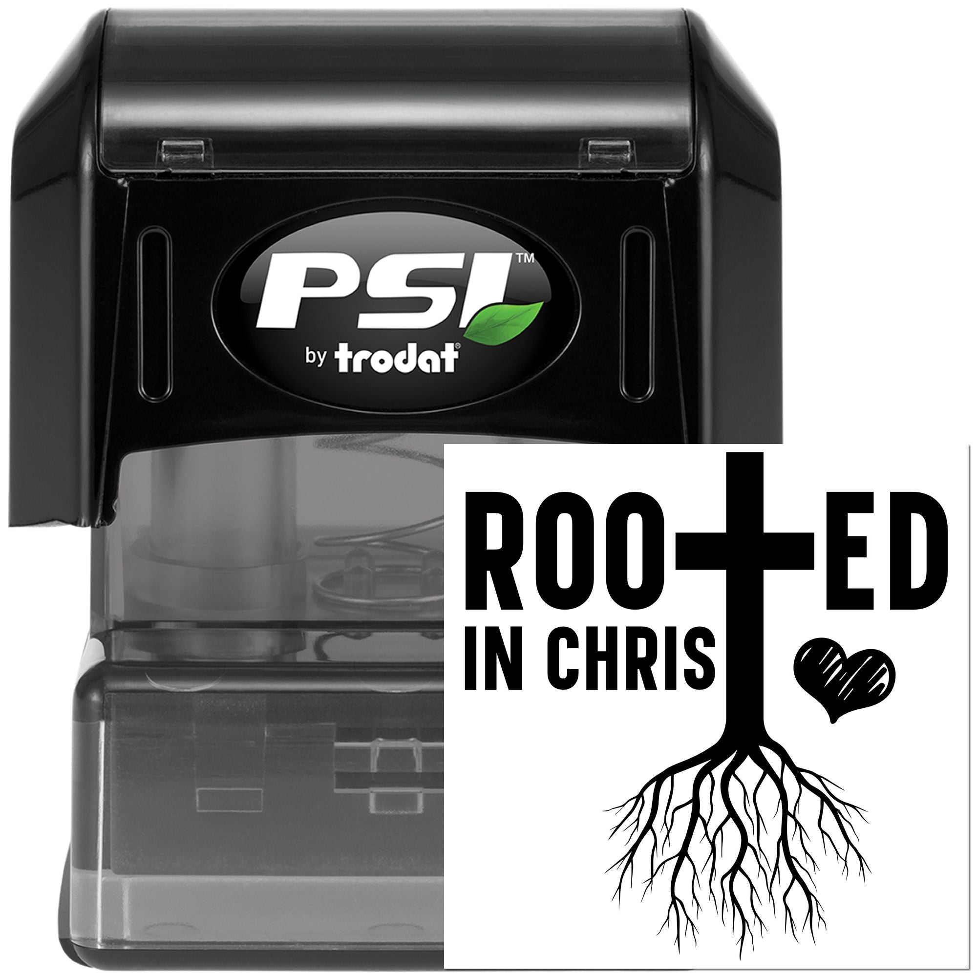 PSI by Trodat self-inking rubber stamp with Rooted in Christ design for custom Christian rubber stamping