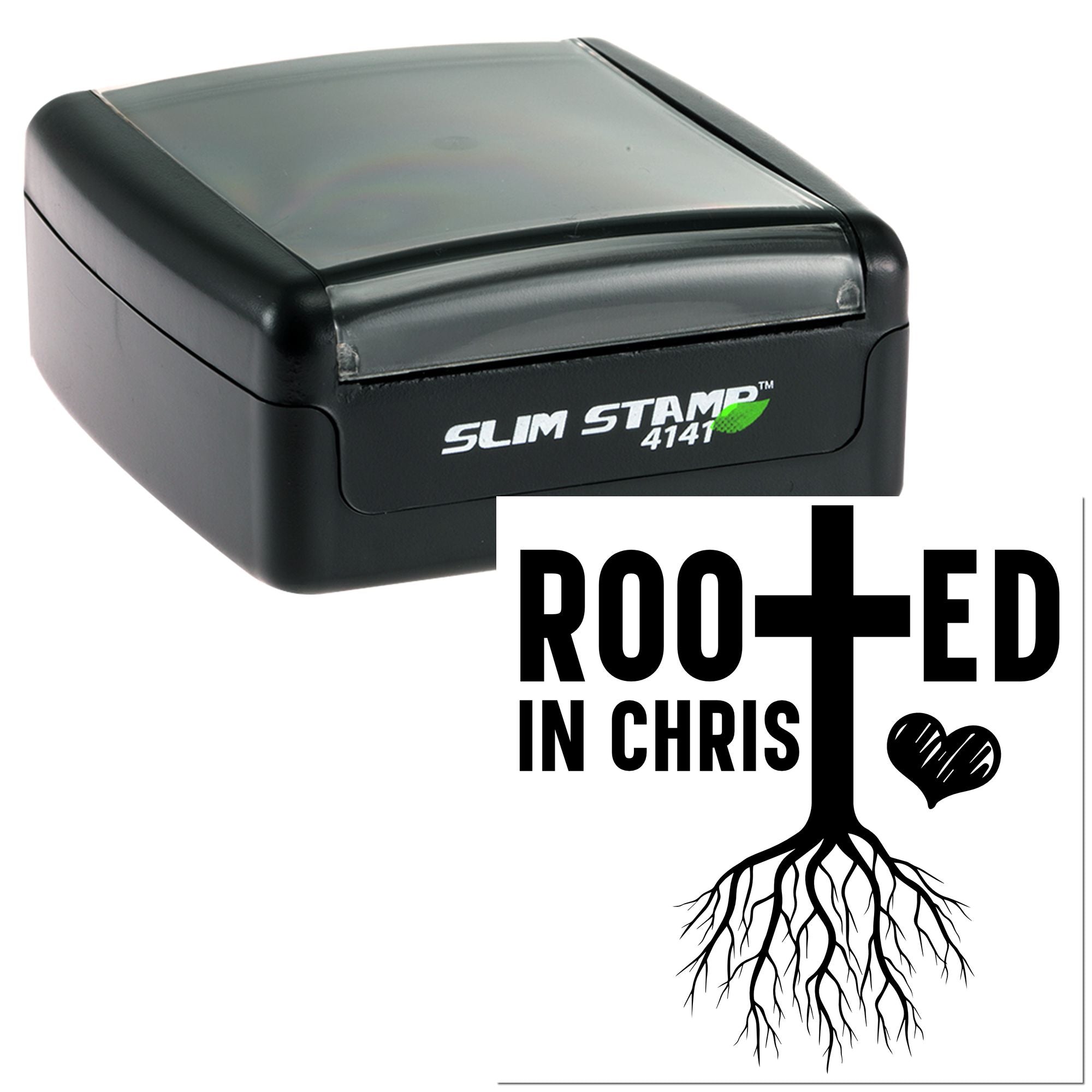Self-inking rubber stamp with Rooted in Christ cross and tree roots design for Christian faith crafts.