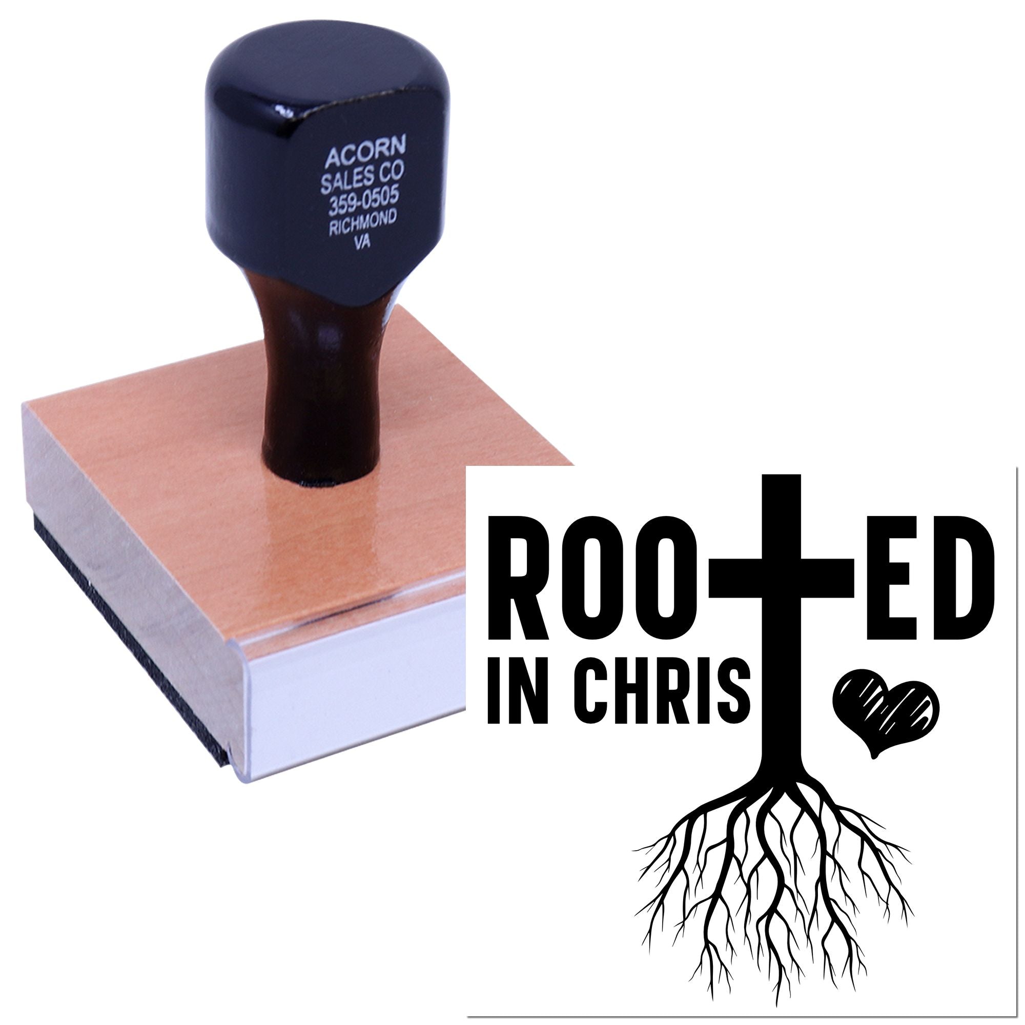 Christian rubber stamp with Rooted in Christ design, cross, heart and roots for faith-based crafts and church projects.