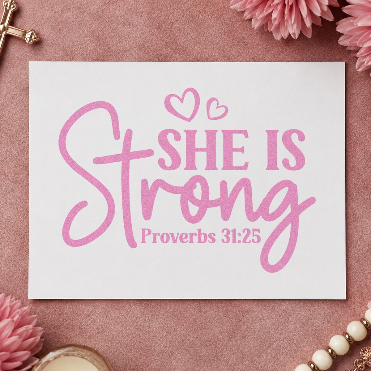 She Is Strong Hearts craft stamp in purple ink on cardstock, an easy option for mother's day gifts.
