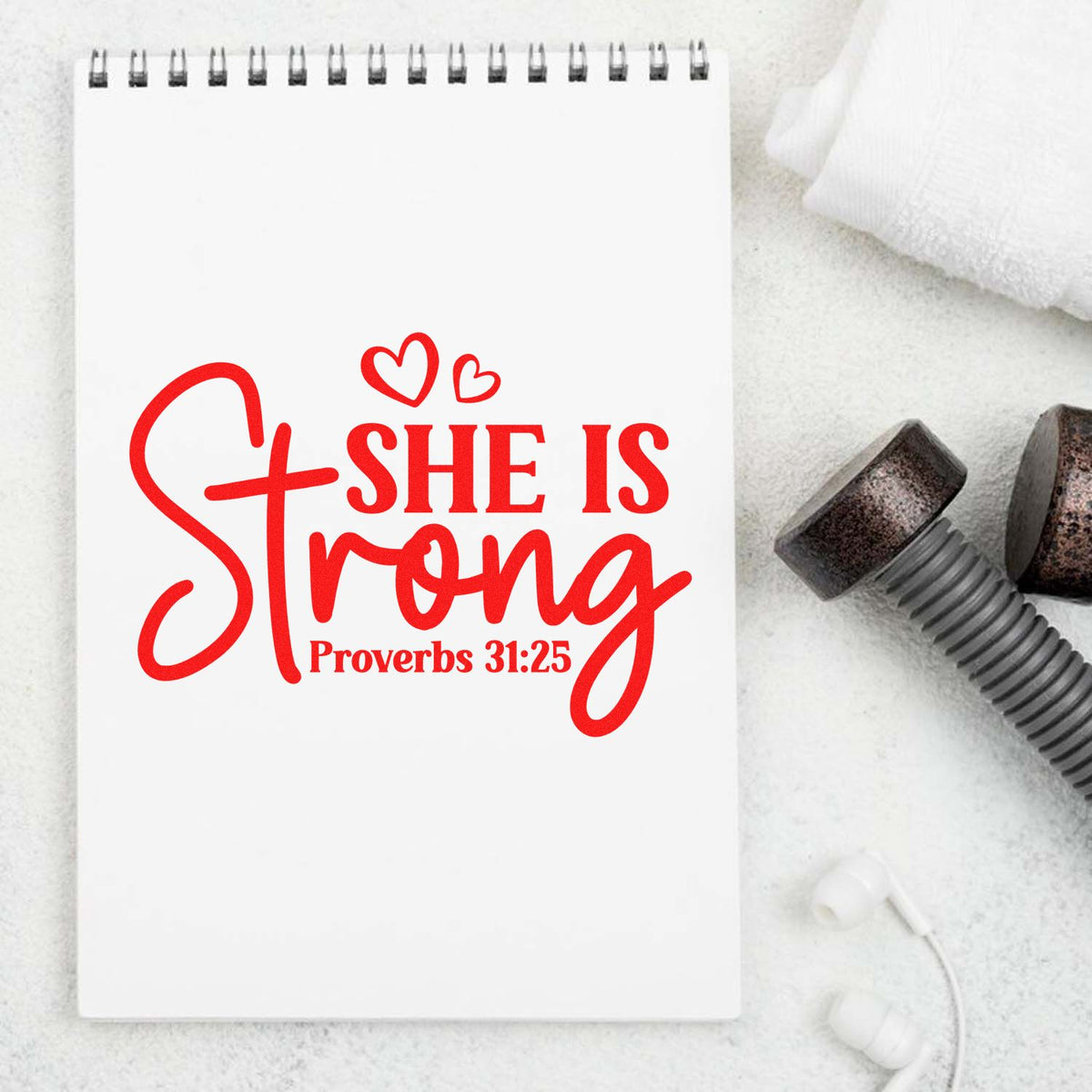 She Is Strong Hearts rubber stamp shown in red ink, stamped for projects such as mother's day gifts.