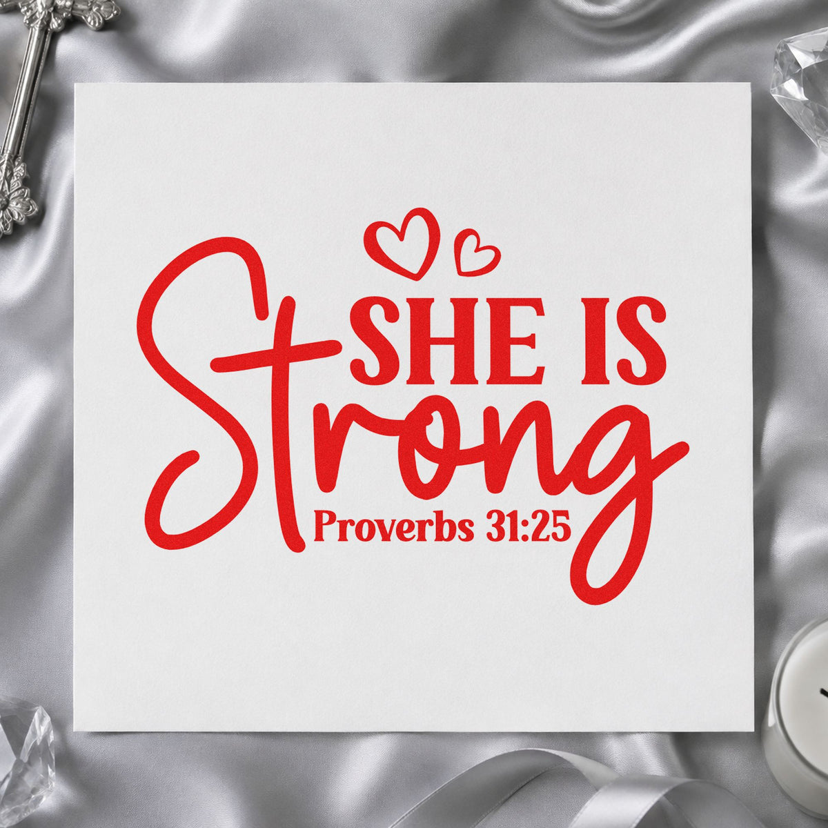 She Is Strong Hearts rubber stamp shown in red ink, stamped for projects such as retreat tees.