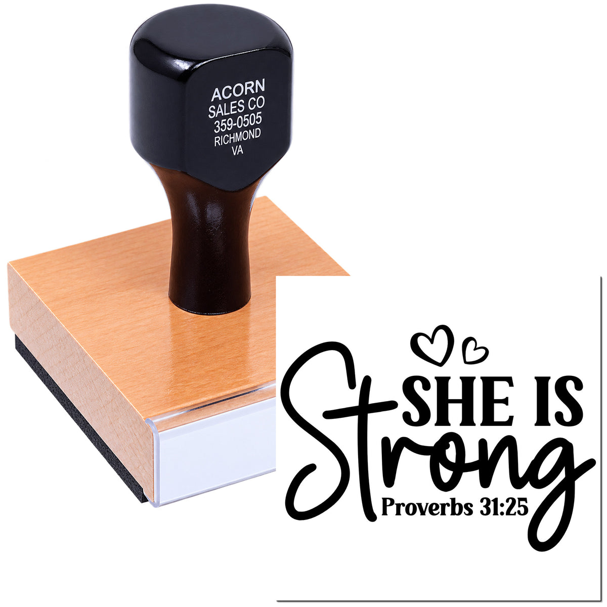 Custom rubber stamp with She Is Strong Proverbs 31:25 design on wooden mount for inspirational Christian crafts.