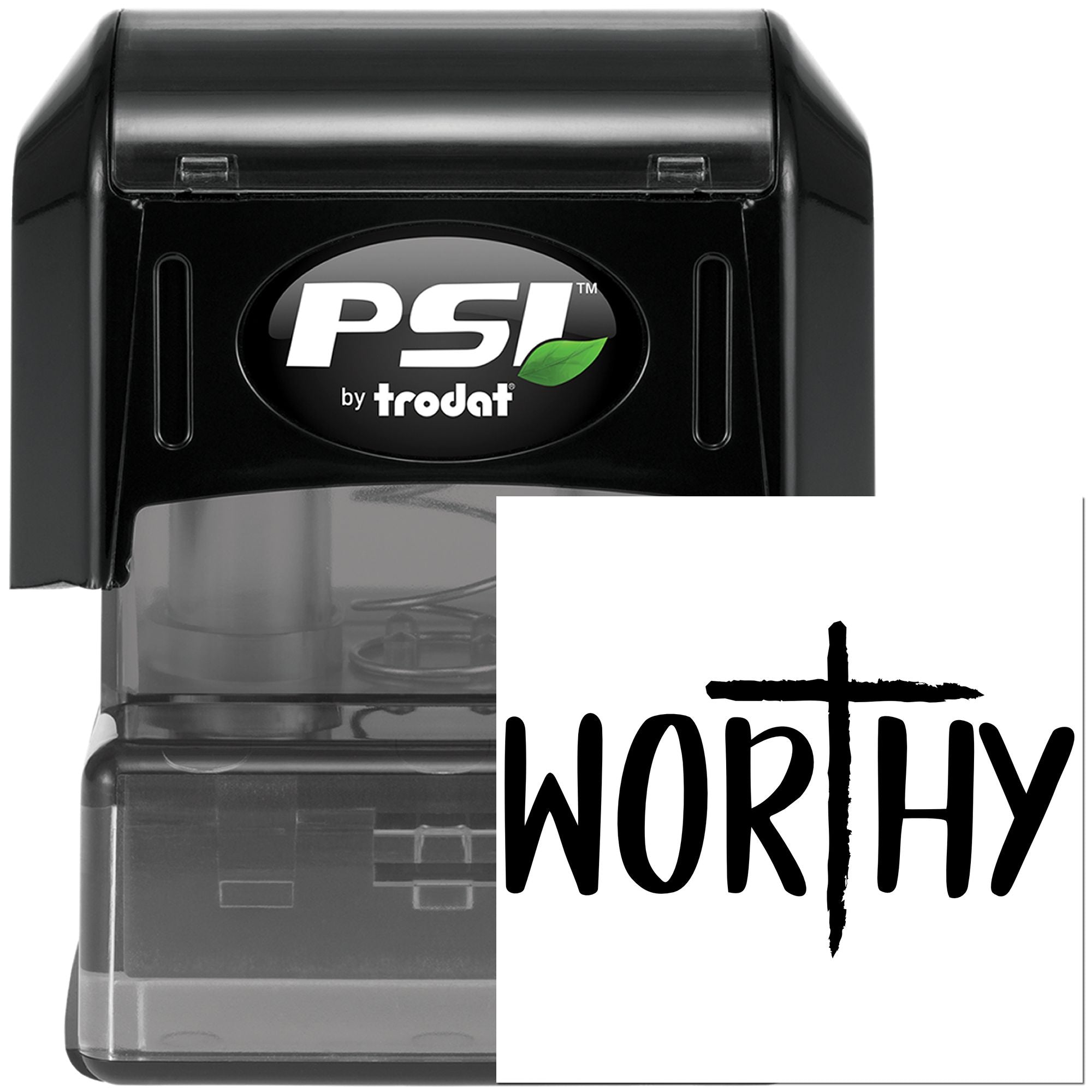 PSI by Trodat self-inking rubber stamp with WORTHY cross design for Christian encouragement stamps.