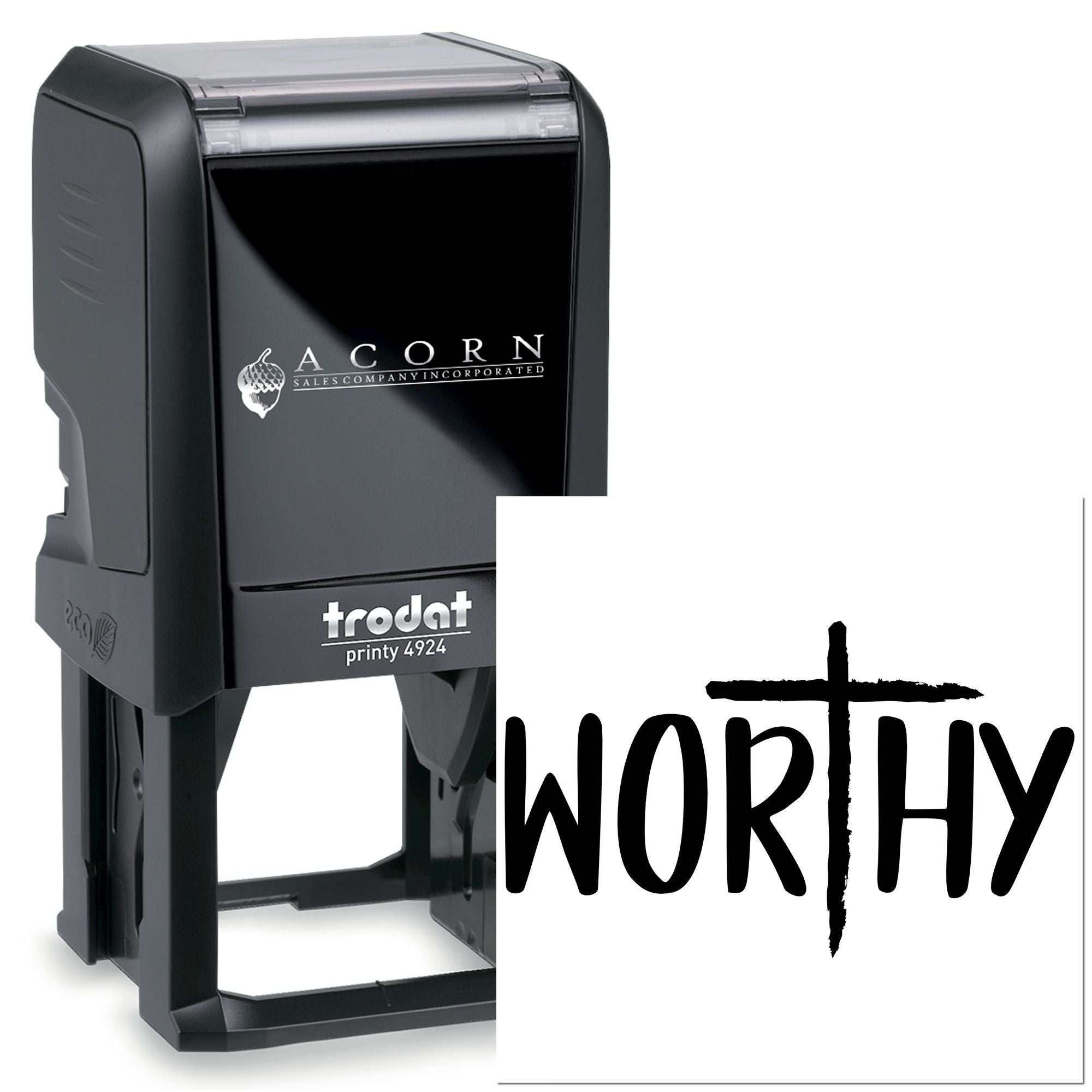 Custom self-inking rubber stamp with WORTHY cross design, Trodat Printy 4924 for faith-based business branding.