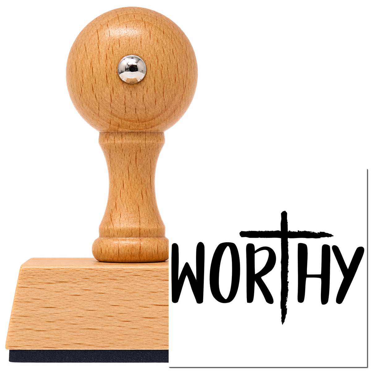 Worthy Cross Lettering Vintage Pro rubber stamp in European beech wood with a round knob handle, shown beside its black imprint.