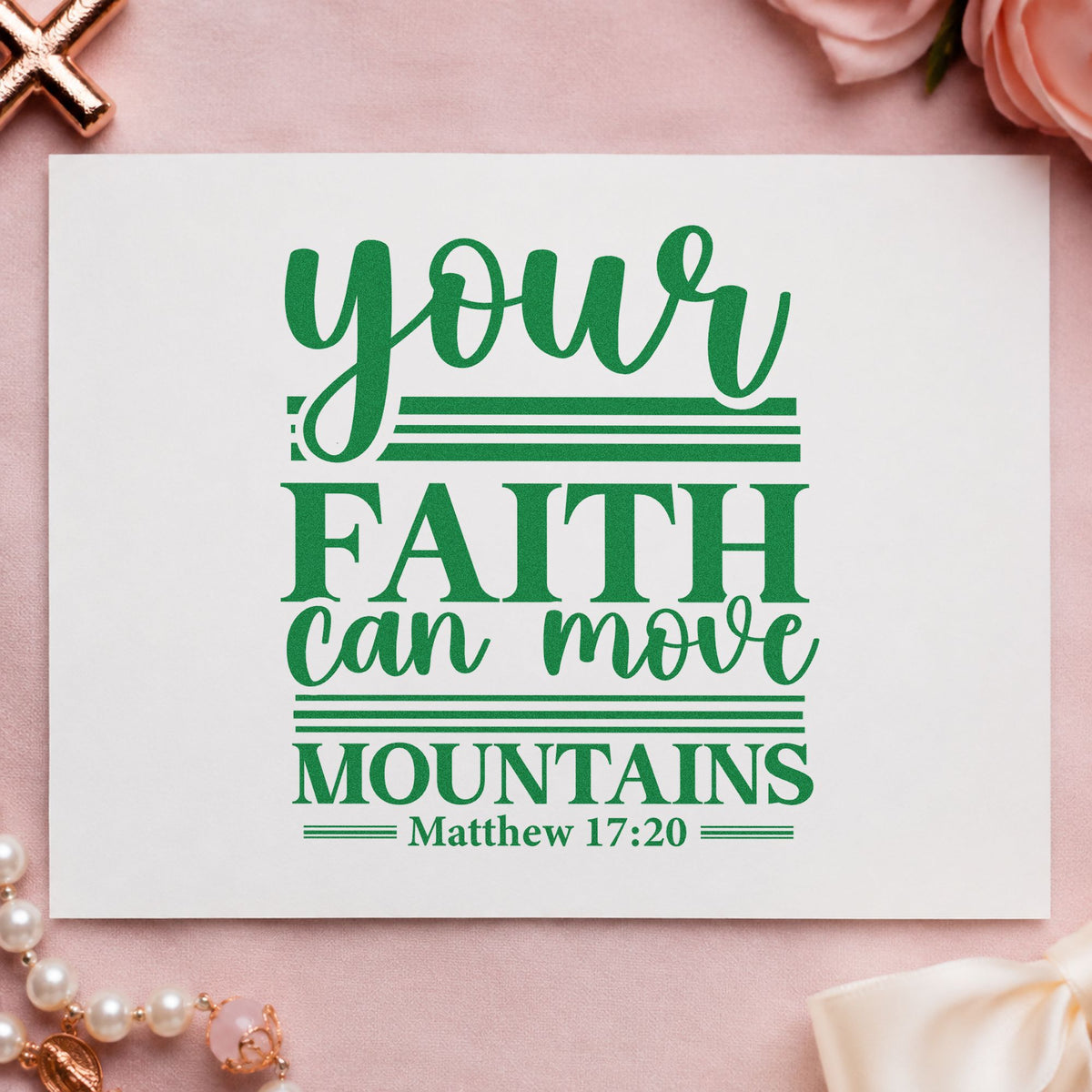 Your Faith Moves Mountains Rules craft stamp imprint in green ink on a handmade project, one idea being coach devotional cards.