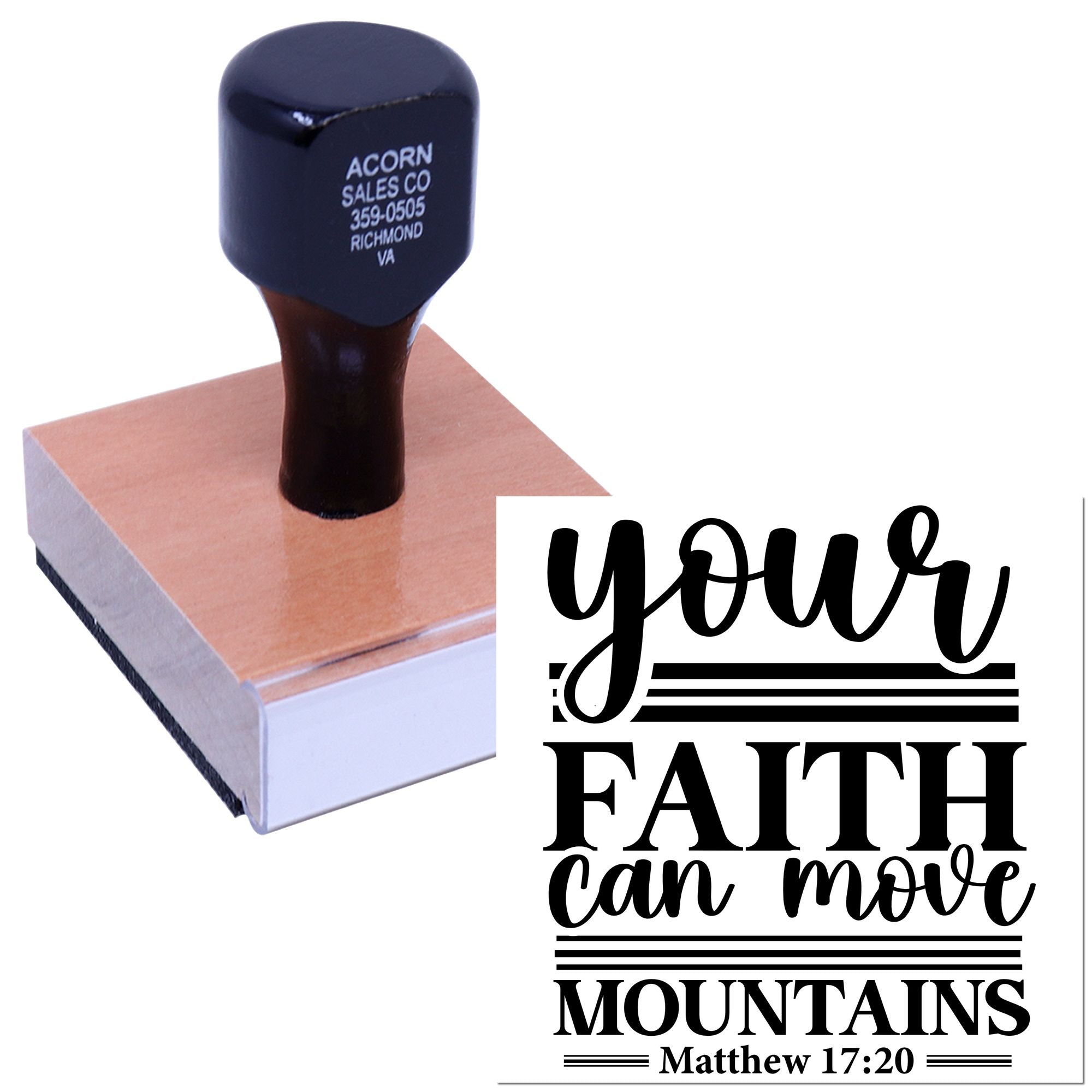 Custom religious rubber stamp with Your faith can move mountains and Matthew 17:20 Bible verse.