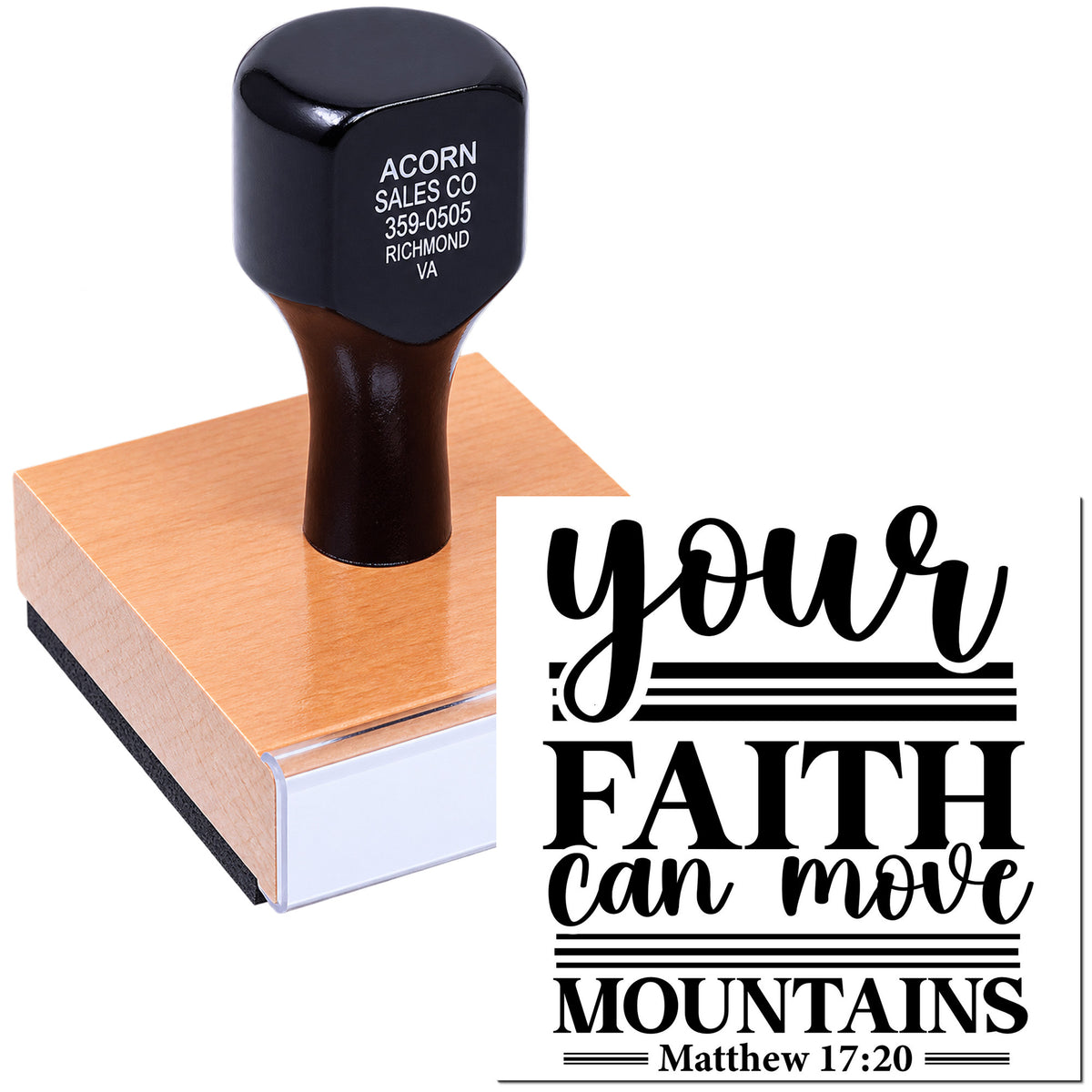 Custom religious rubber stamp with Your faith can move mountains and Matthew 17:20 Bible verse.