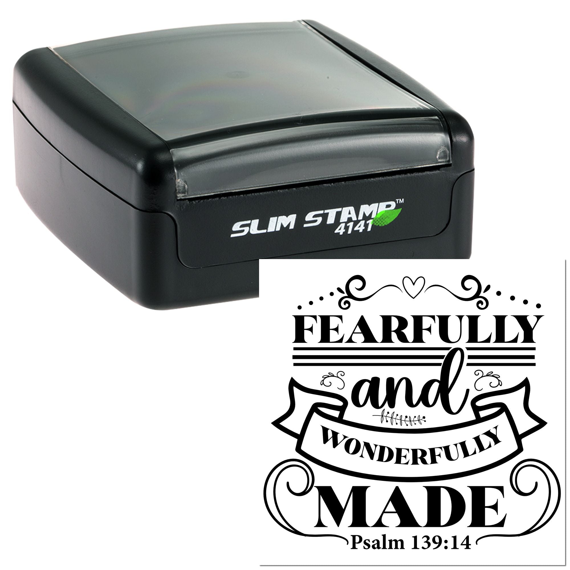 Slim Stamp 4141 self-inking rubber stamp with Fearfully and Wonderfully Made Psalm 139:14 Christian design