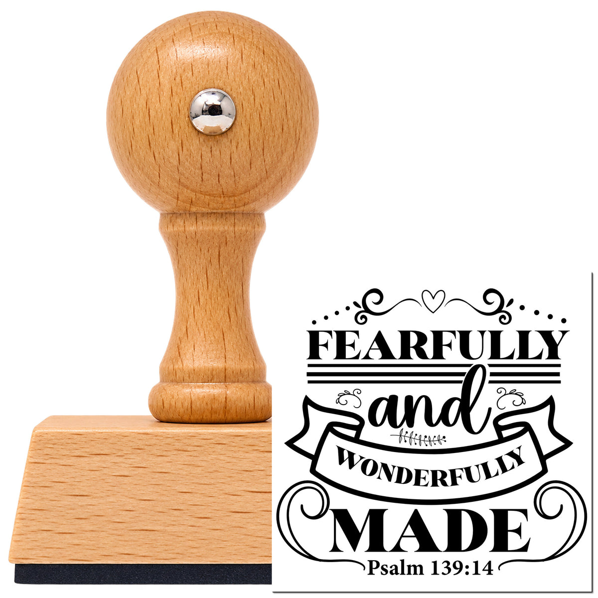 Fearfully Wonderfully Made Ribbon With Hearts Vintage Pro rubber stamp in European beech wood with a round knob handle, shown beside its black imprint.