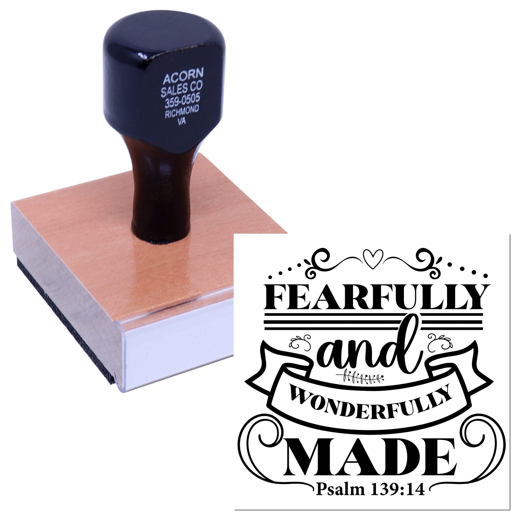 Custom rubber stamp with Fearfully and Wonderfully Made, Psalm 139:14 religious design for faith-based crafts.