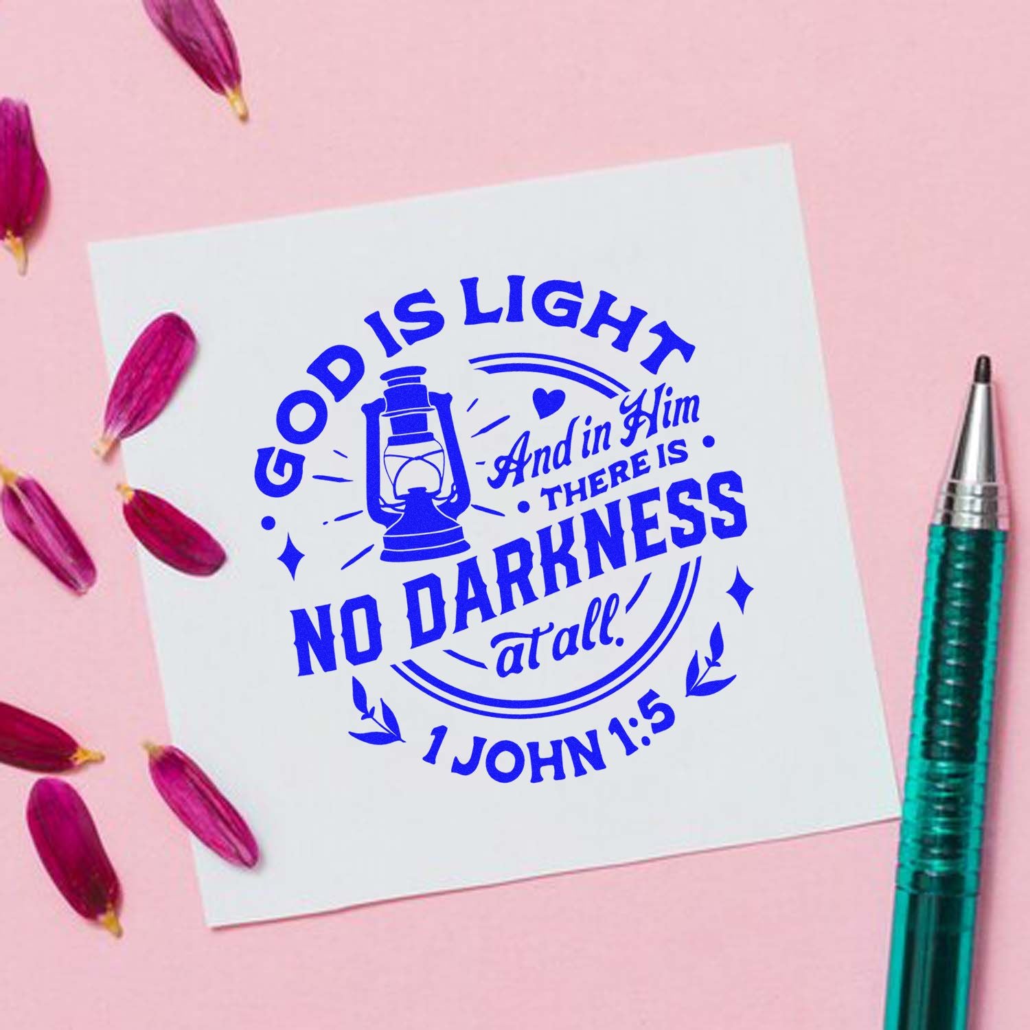 Christian rubber stamp design with God is light Bible verse and lantern graphic, ideal for faith-based card making and journaling.