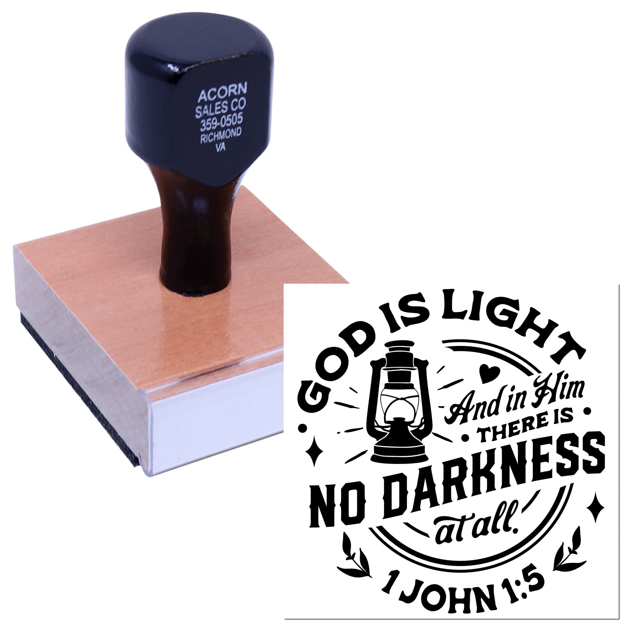 Custom rubber stamp with wooden handle featuring a God is light Bible verse design for religious crafts and church stamping.