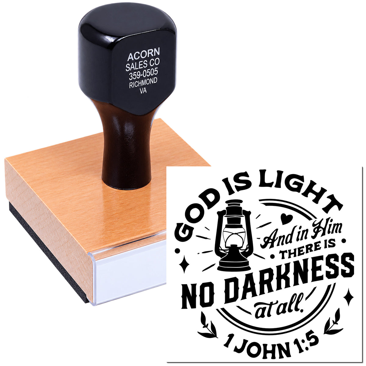 Custom rubber stamp with wooden handle featuring a God is light Bible verse design for religious crafts and church stamping.