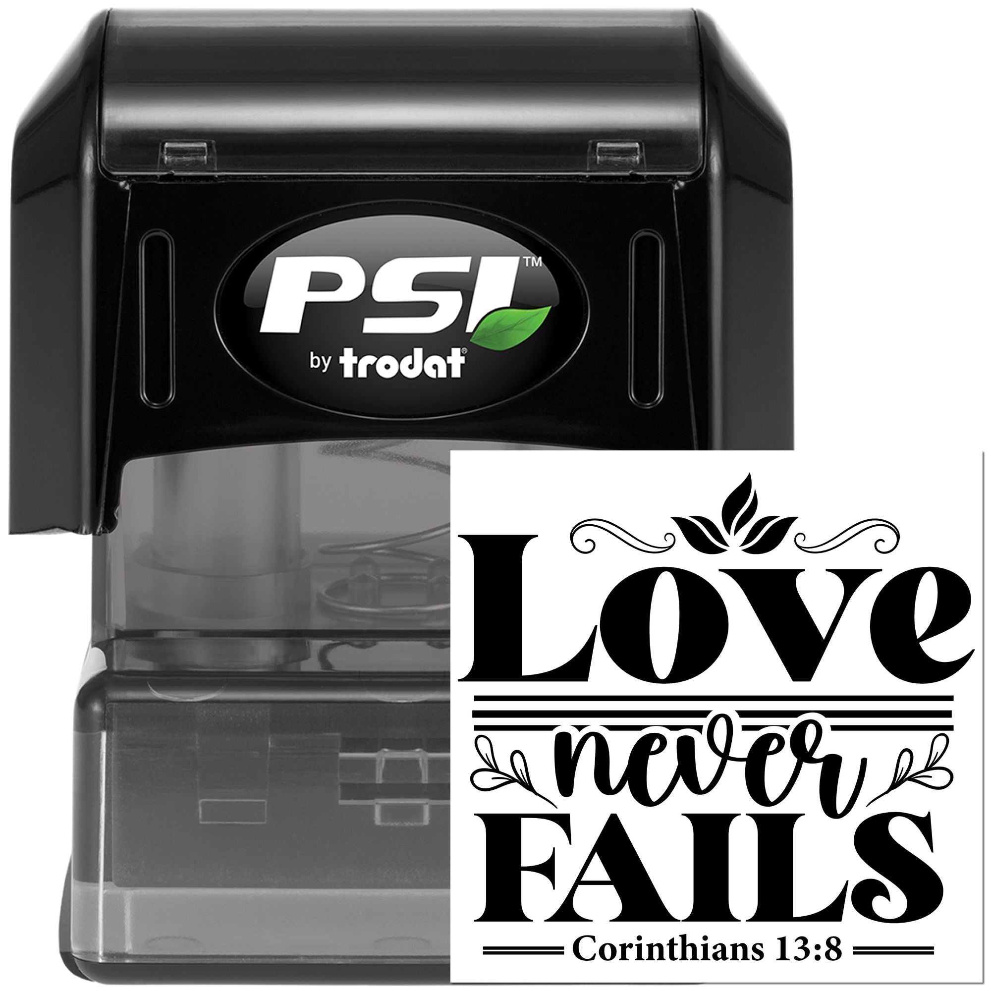 PSI by Trodat self-inking rubber stamp with Love Never Fails Corinthians 13:8 Christian wedding design