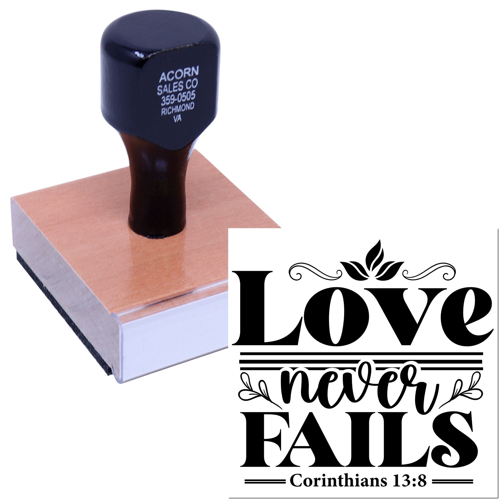 Custom rubber stamp with Love Never Fails Corinthians 13:8 design for Bible journaling and Christian crafts.