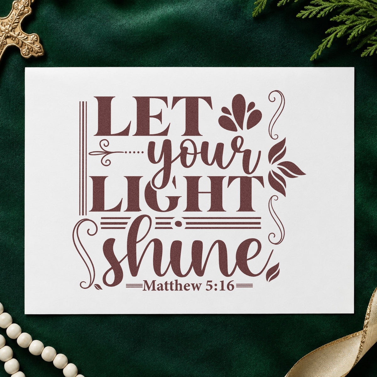 Let Your Light Shine Scrolls rubber stamp printed in brown ink, ready for service pages and similar paper crafts.