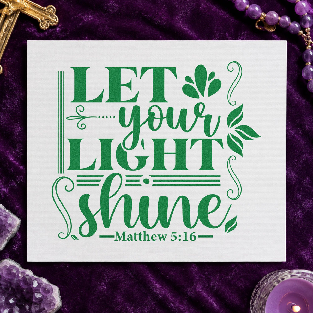 Let Your Light Shine Scrolls craft stamp imprint in green ink on a handmade project, one idea being framed entry art.