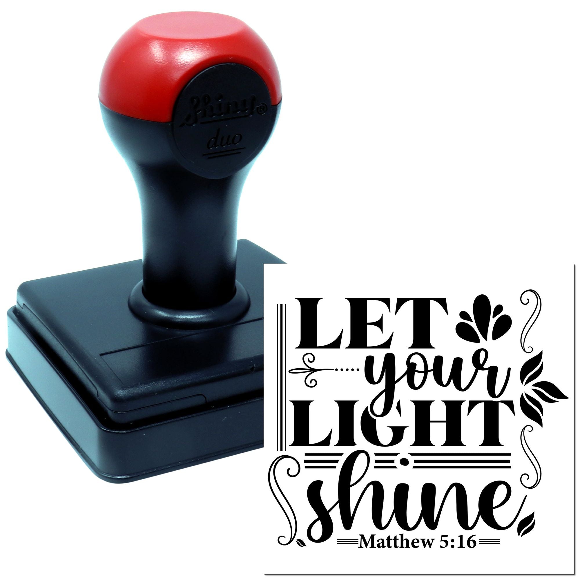 Self-inking Christian rubber stamp with Let Your Light Shine Matthew 5:16 design for cards and crafts.