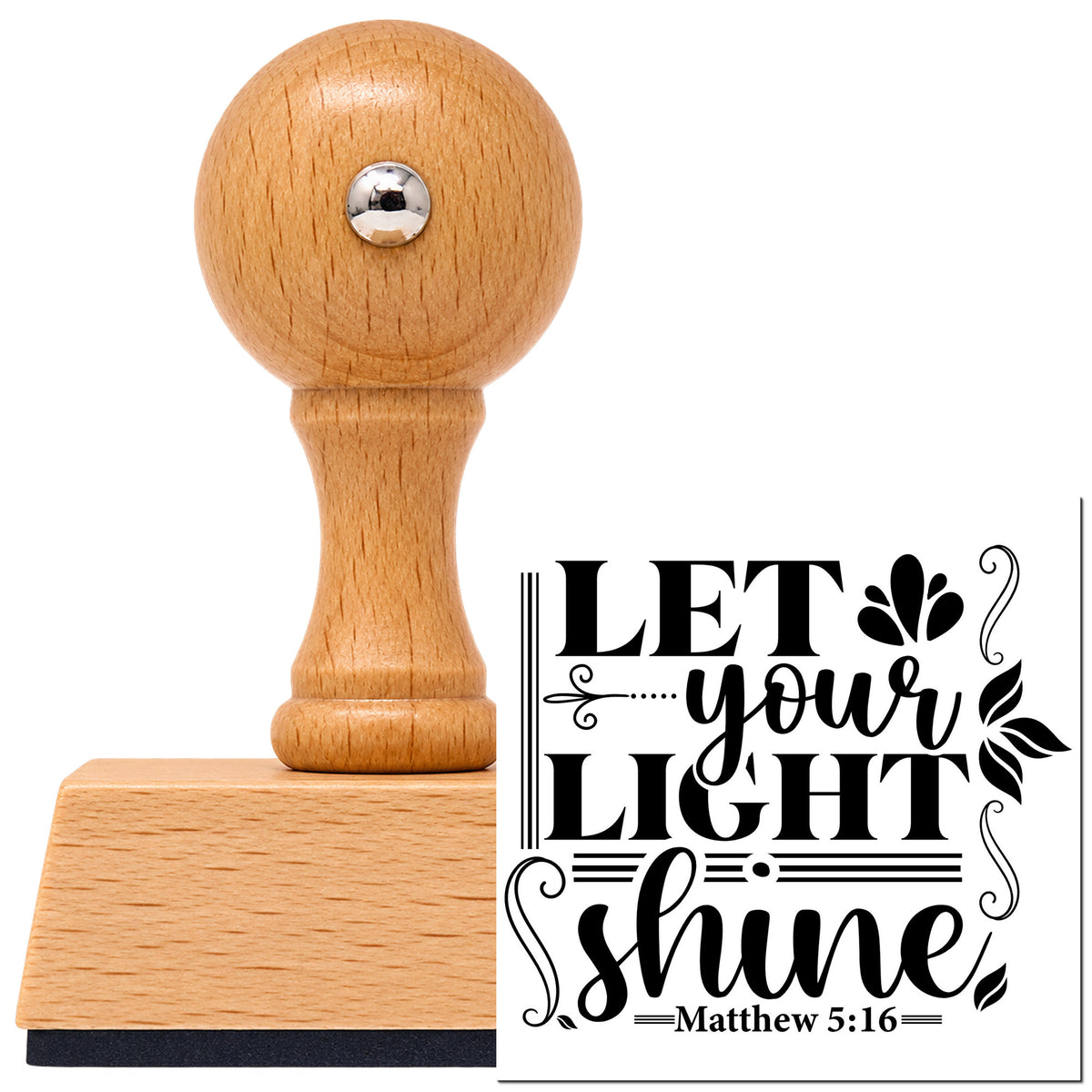 Let Your Light Shine Scrolls Vintage Pro rubber stamp in European beech wood with a round knob handle, shown beside its black imprint.