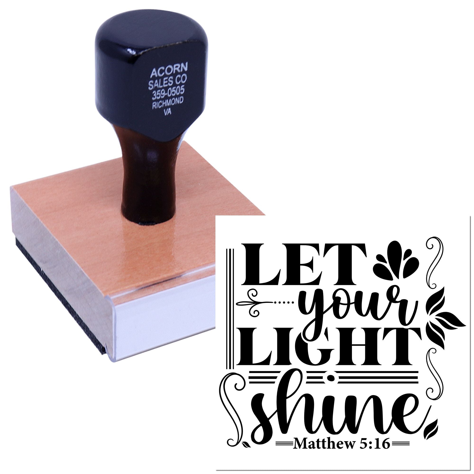 Custom Christian rubber stamp with Let Your Light Shine Bible verse, Matthew 5:16, for faith-based crafts and stationery
