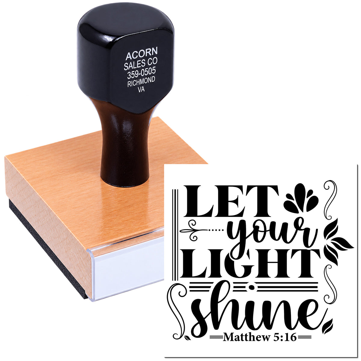 Custom Christian rubber stamp with Let Your Light Shine Bible verse, Matthew 5:16, for faith-based crafts and stationery