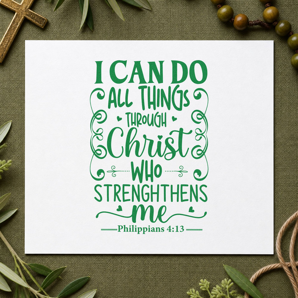 All Things Through Christ Scrolls craft stamp imprint in green ink on a handmade project, one idea being gym bag tags.