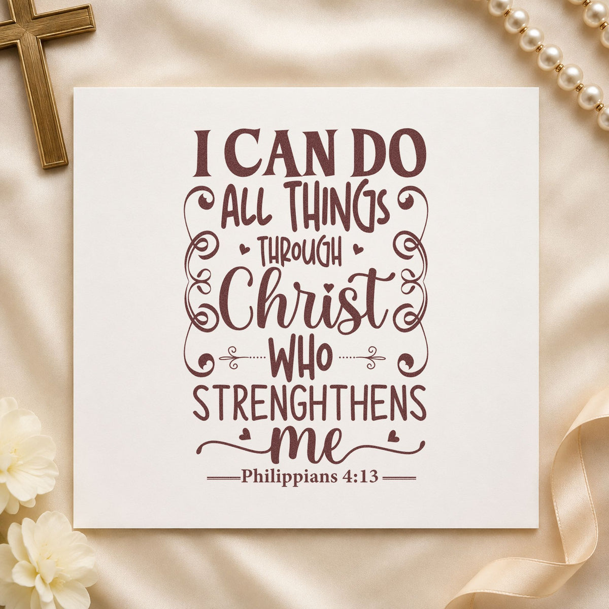 All Things Through Christ Scrolls rubber stamp printed in brown ink, ready for achievement pages and similar paper crafts.