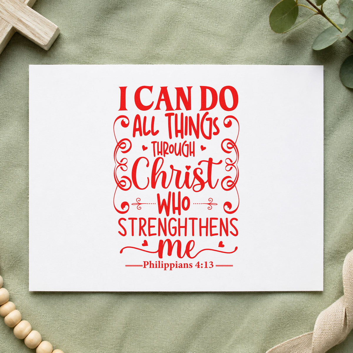 All Things Through Christ Scrolls rubber stamp shown in red ink, stamped for projects such as locker signs.