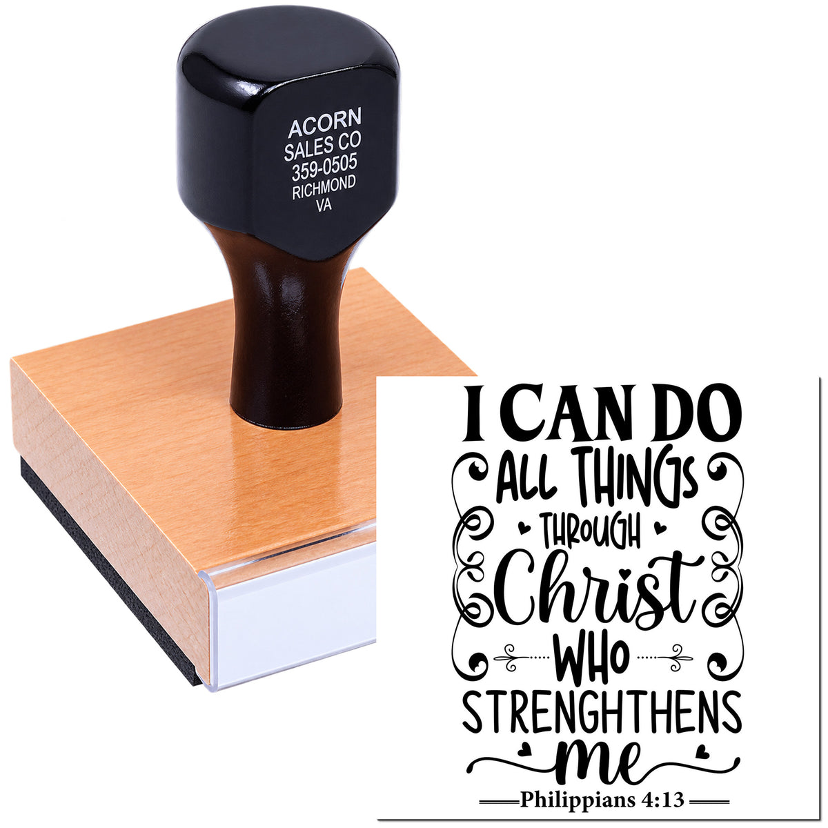 Religious rubber stamp with Philippians 4:13 quote, I can do all things through Christ, for faith-based crafts and Bible journaling.