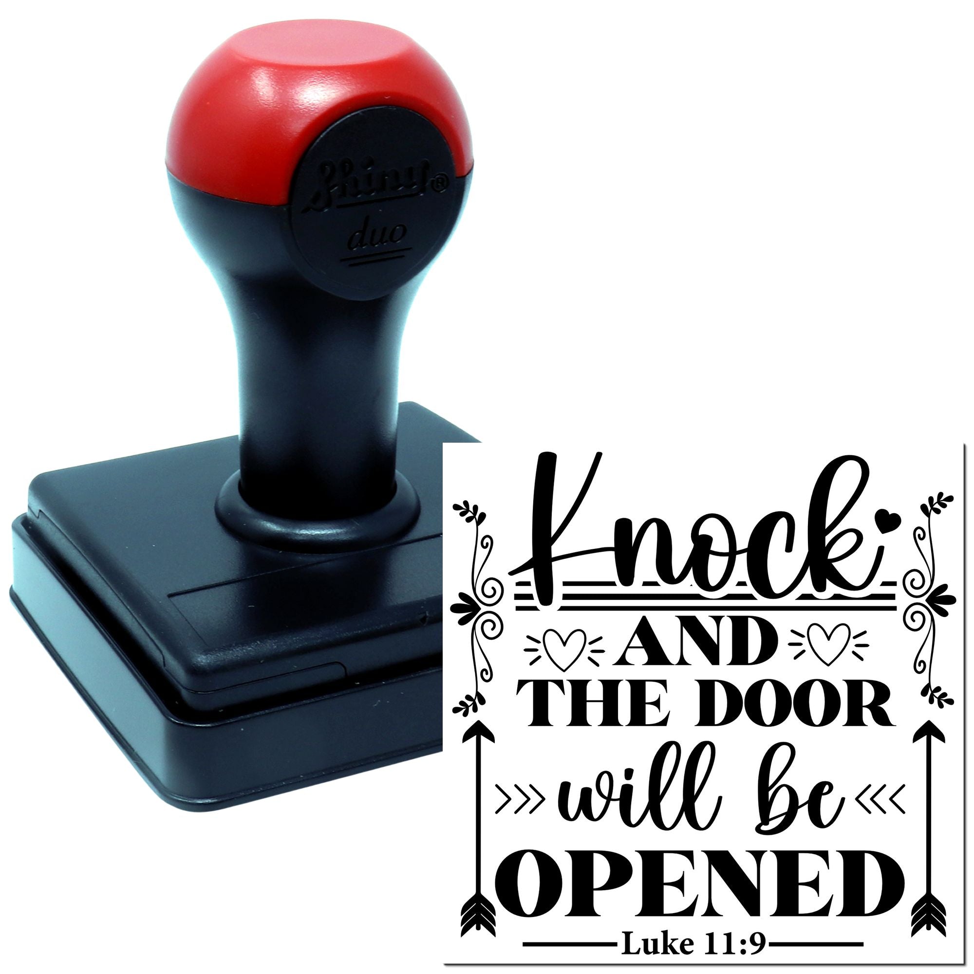 Self-inking rubber stamp with Knock and the door will be opened Bible verse design, Luke 11:9.