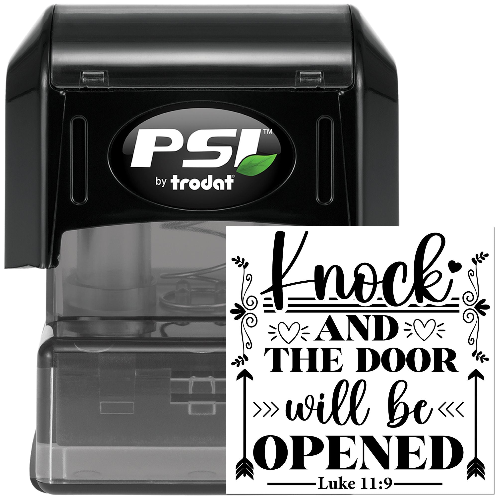 Self-inking Bible verse rubber stamp with Luke 11:9 quote: Knock and the door will be opened by PSI/Trodat.