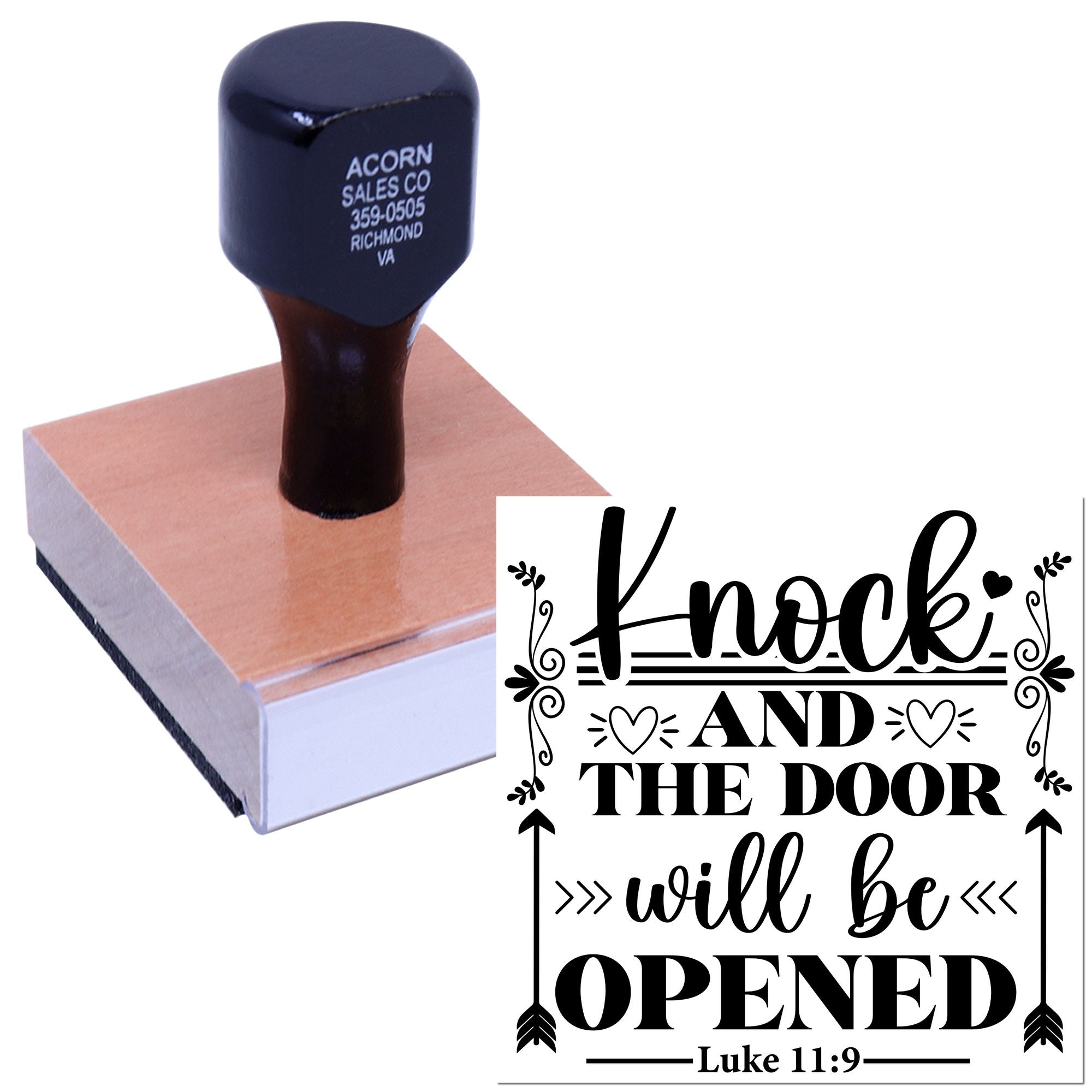 Custom Christian rubber stamp with Bible verse Knock and the door will be opened from Luke 11:9 for faith-based crafts.