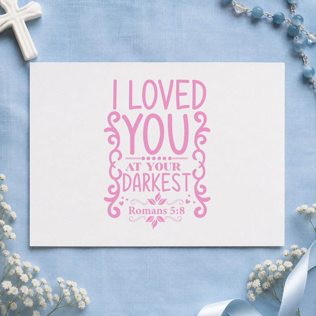 Loved at Your Darkest Scrolls craft stamp in purple ink on cardstock, an easy option for recovery milestones.