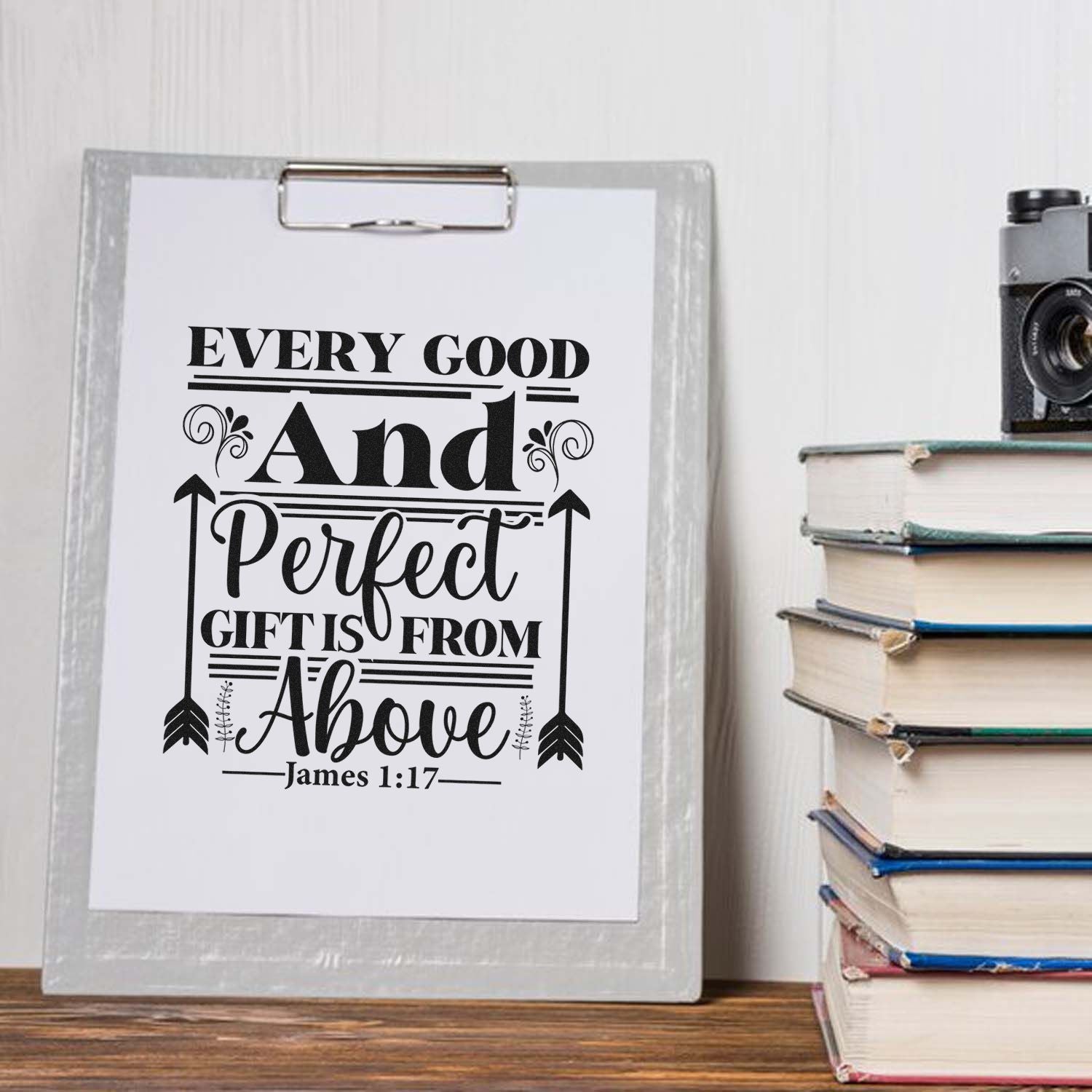 Faith-based rubber stamp design with Bible verse, Every good and perfect gift is from above James 1:17.