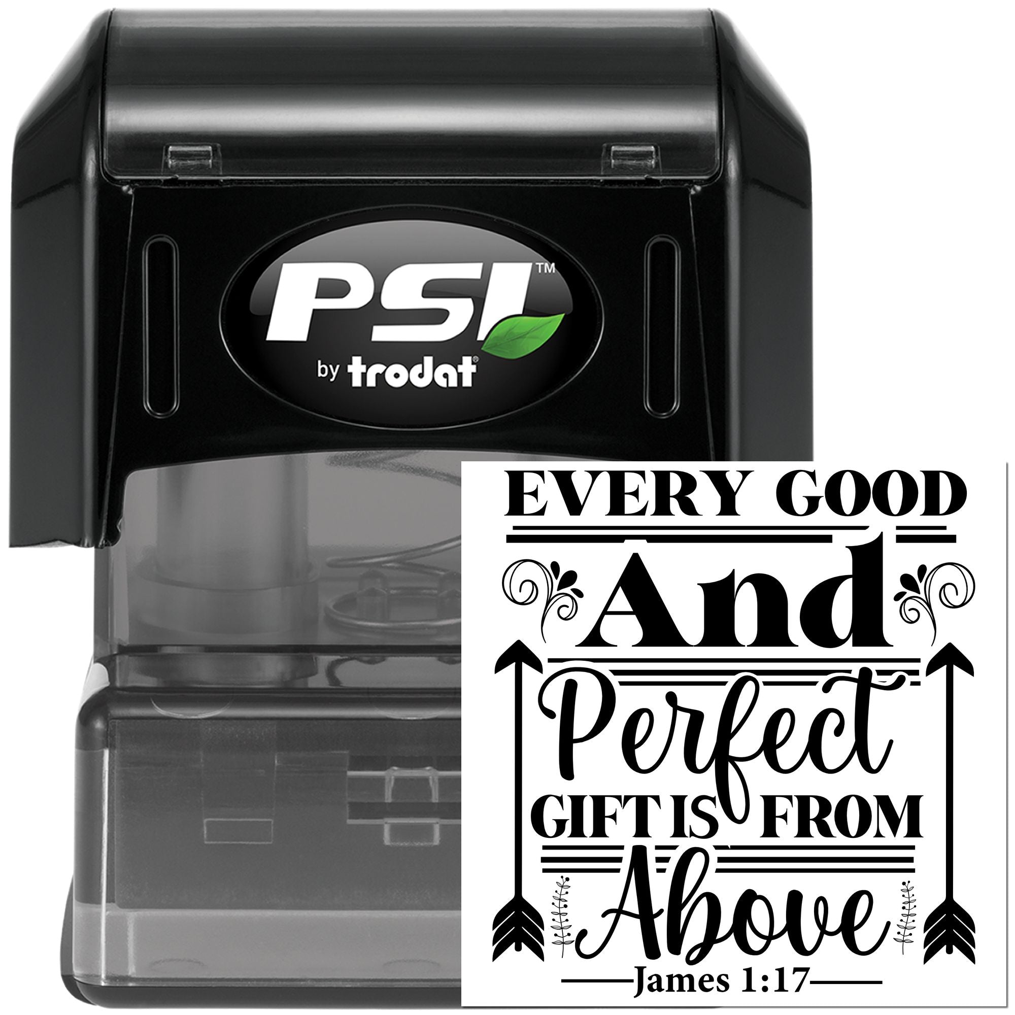 Self-inking rubber stamp with James 1:17 quote, Every good and perfect gift is from above, for faith-based gifting.